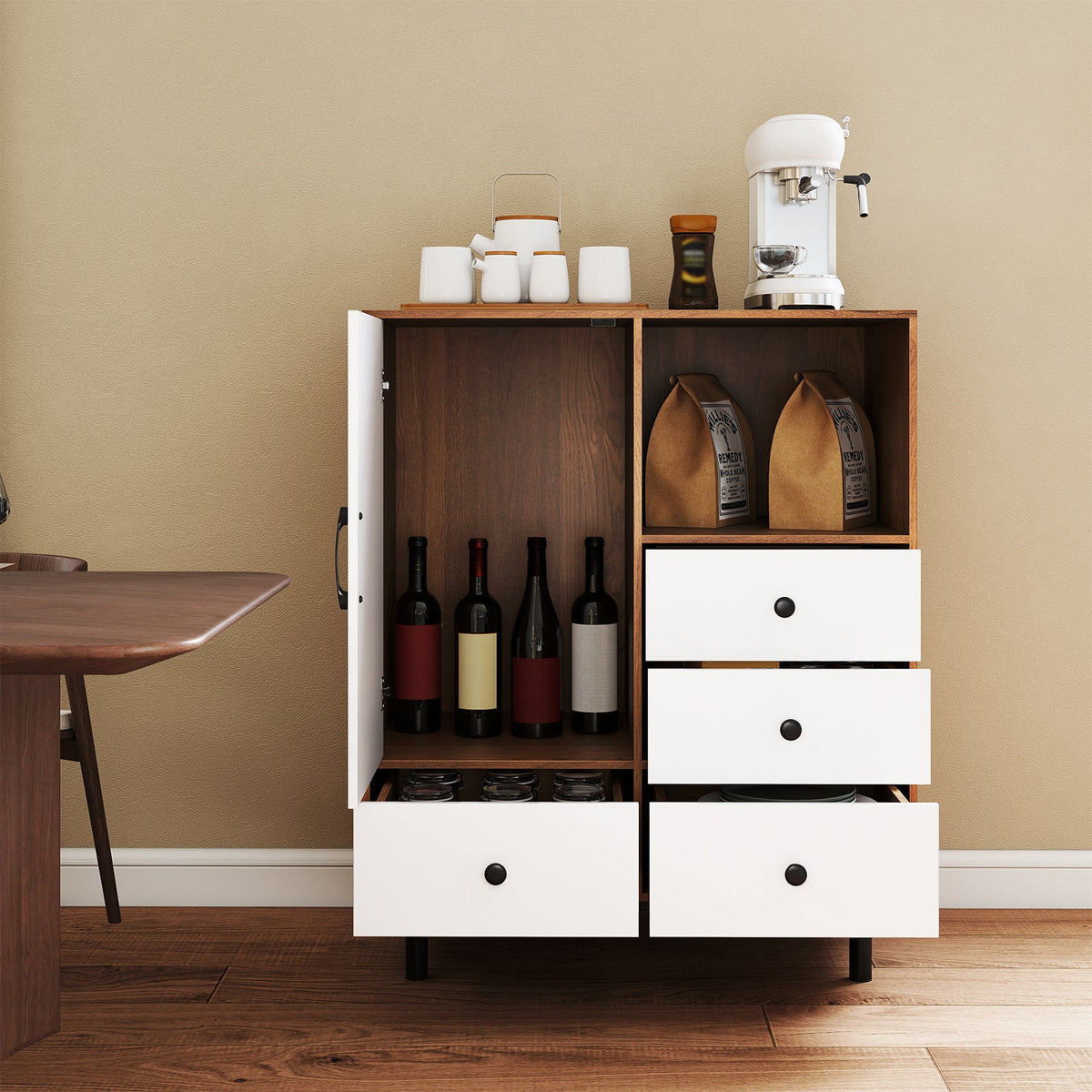 Buffet Sideboard Mid Century Modern Storage Cabinet 4 Drawers and Open Compartment