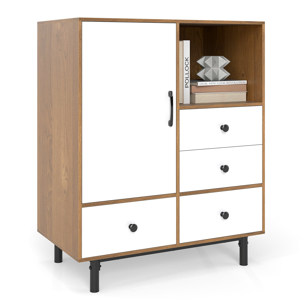 Buffet Sideboard Mid Century Modern Storage Cabinet 4 Drawers and Open Compartment