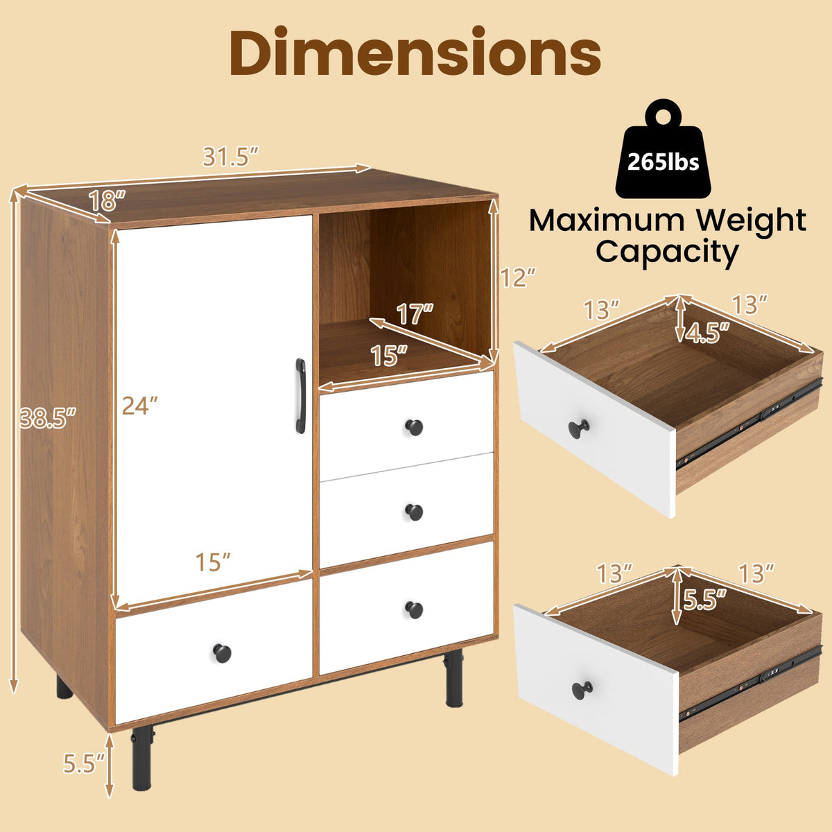 Buffet Sideboard Mid Century Modern Storage Cabinet 4 Drawers and Open Compartment