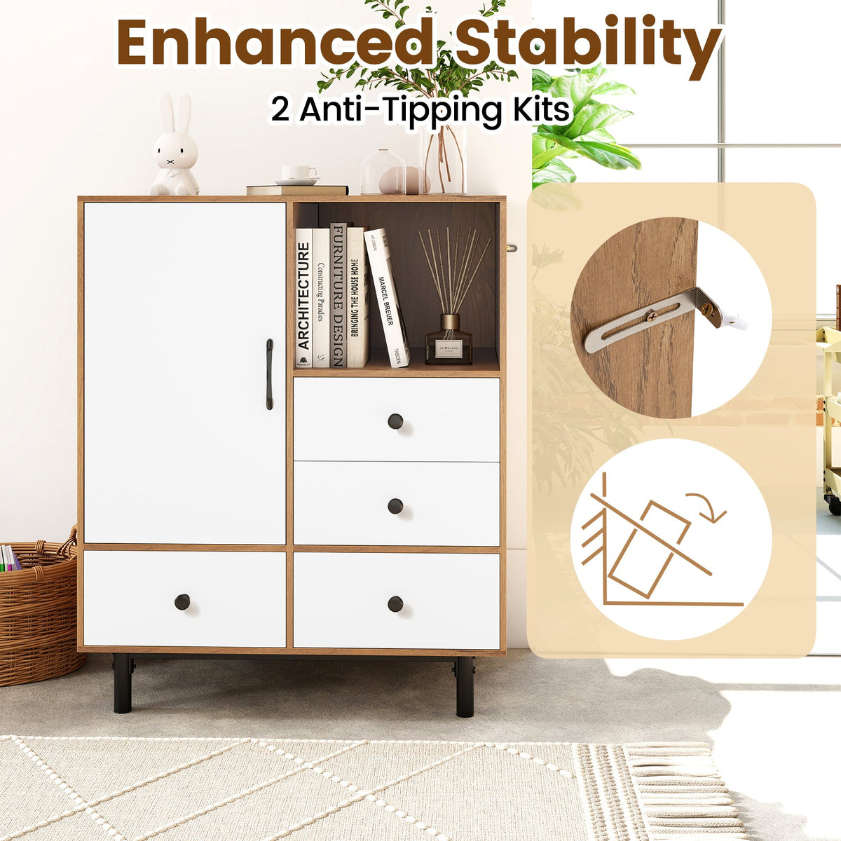 Buffet Sideboard Mid Century Modern Storage Cabinet 4 Drawers and Open Compartment