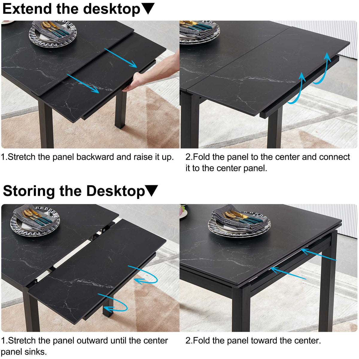Black Ceramic Modern Rectangular Expandable Dining Room Table For Small Space -Table
