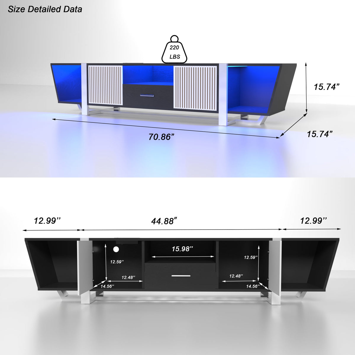 TV console with storage cabinet, dual flat LED TV stand with remote control, changing lights