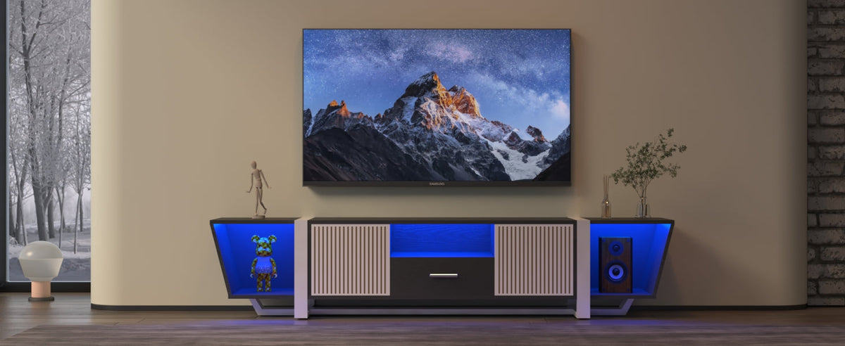 TV console with storage cabinet, dual flat LED TV stand with remote control, changing lights