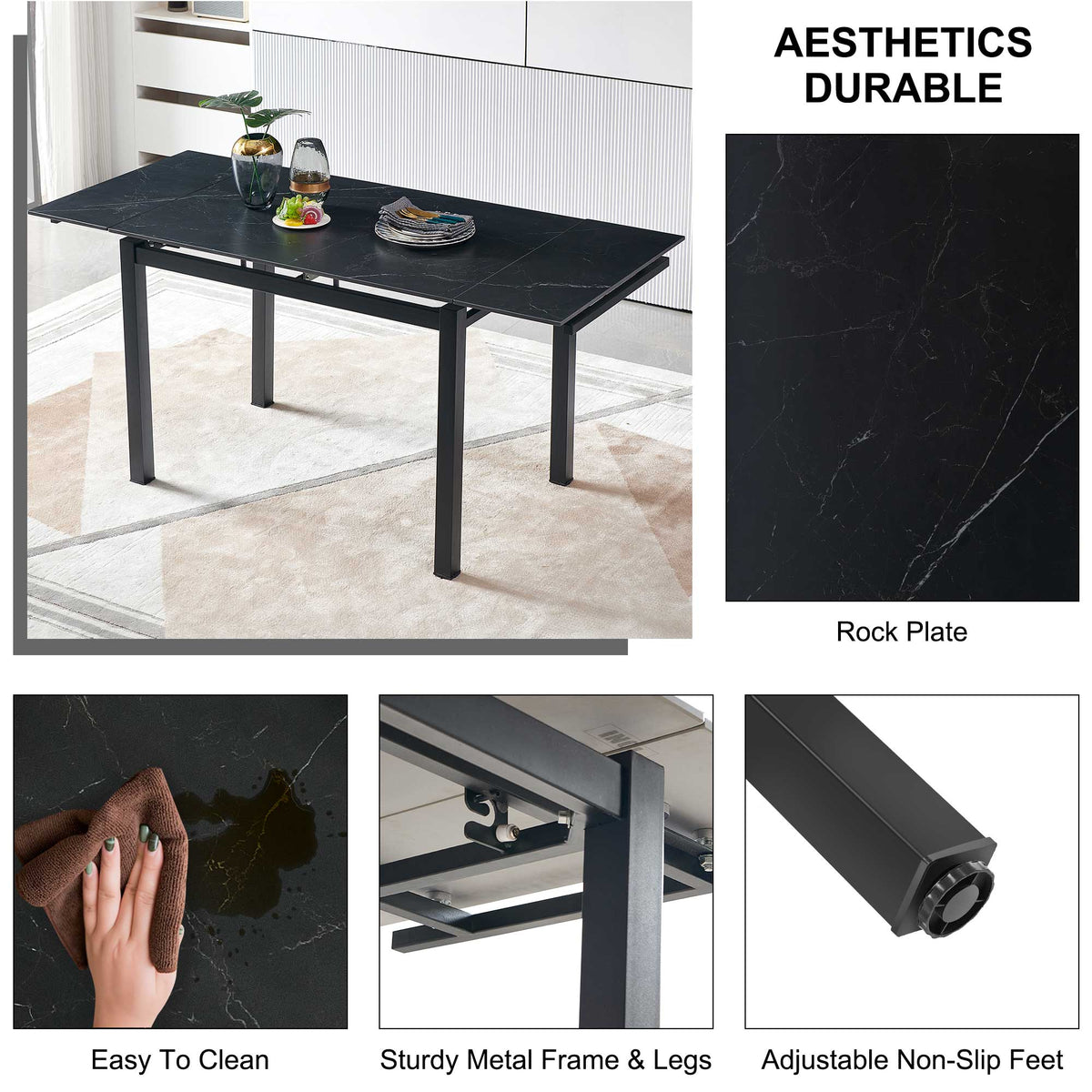 Black Ceramic Modern Rectangular Expandable Dining Room Table For Small Space -Table