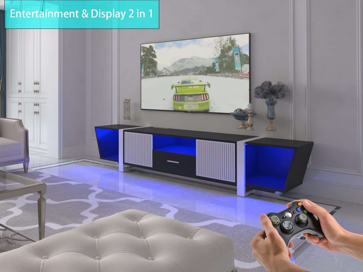 TV console with storage cabinet, dual flat LED TV stand with remote control, changing lights