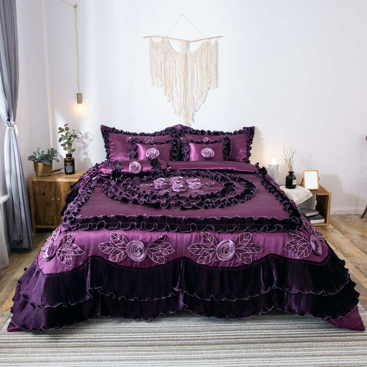 Tache Satin Ruffle Dark Purple Floral Midnight Bloom Comforter (BM-6438)