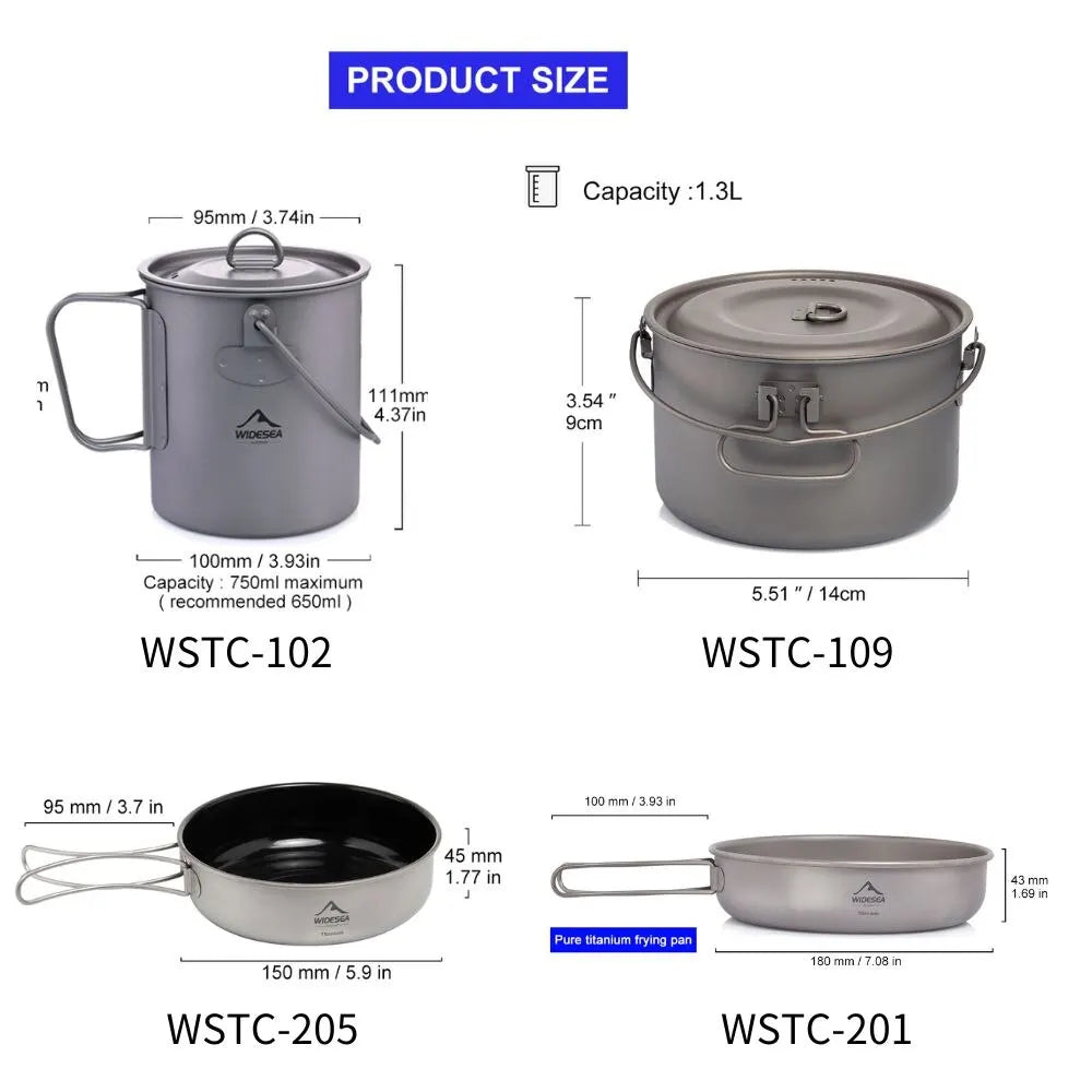 Widesea Camping Titanium Cookware Set Pot Frying Pan Picnic Kitchen Hiking Trekking