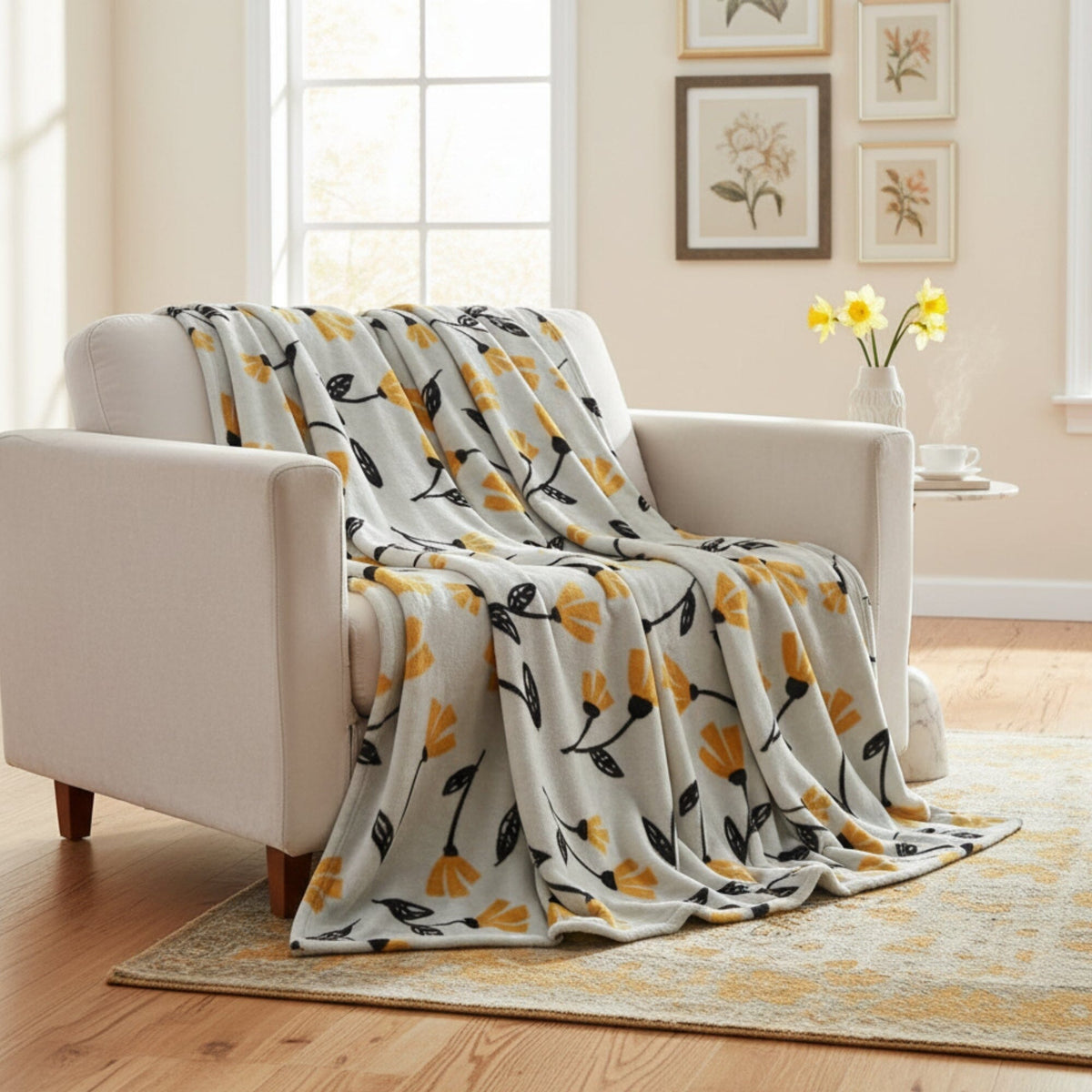 DaDa Bedding Soft Lightweight Fleece Throw Blanket, Yellow Fleur Floral Golden Orange Silver/Grey