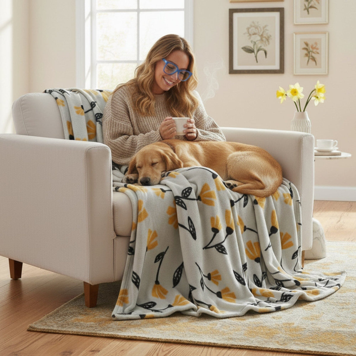 DaDa Bedding Soft Lightweight Fleece Throw Blanket, Yellow Fleur Floral Golden Orange Silver/Grey