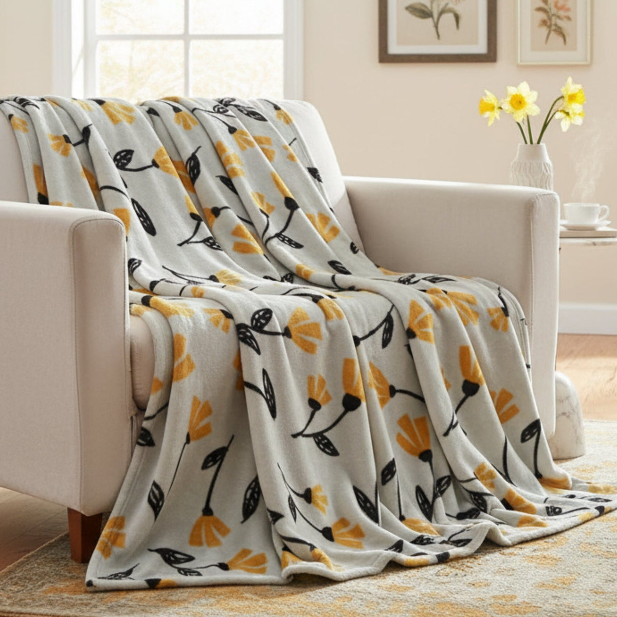 DaDa Bedding Soft Lightweight Fleece Throw Blanket, Yellow Fleur Floral Golden Orange Silver/Grey