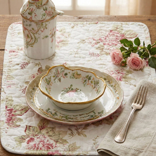 DaDa Set of 4-Pieces Dainty Cottage Floral Roses Quilted Cotton Dining Table Placemat