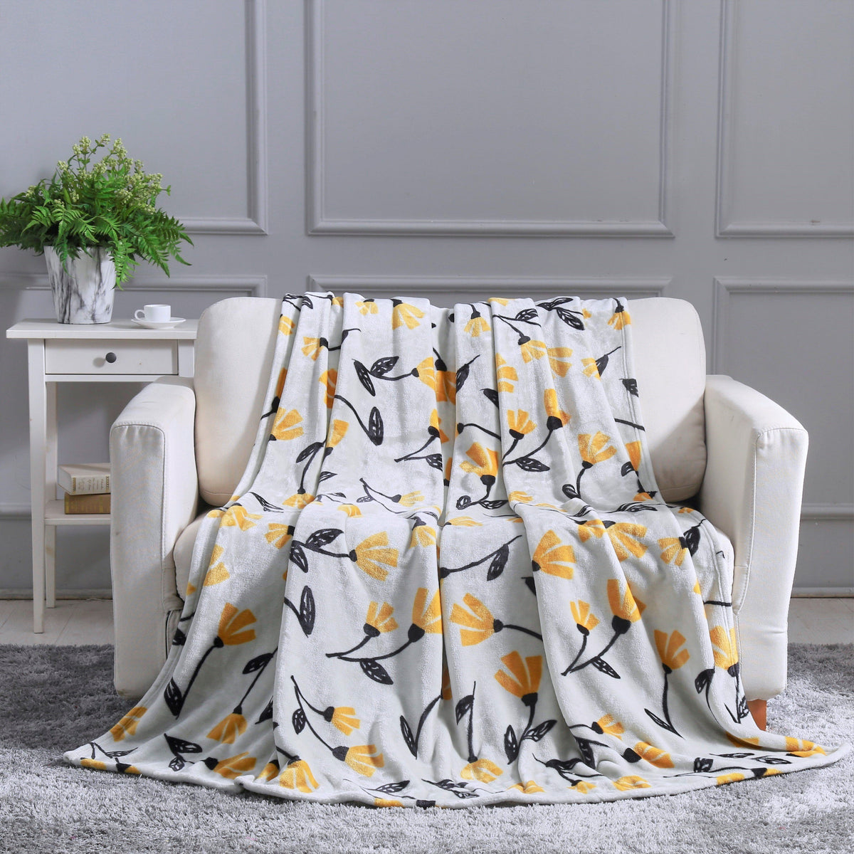 DaDa Bedding Soft Lightweight Fleece Throw Blanket, Yellow Fleur Floral Golden Orange Silver/Grey