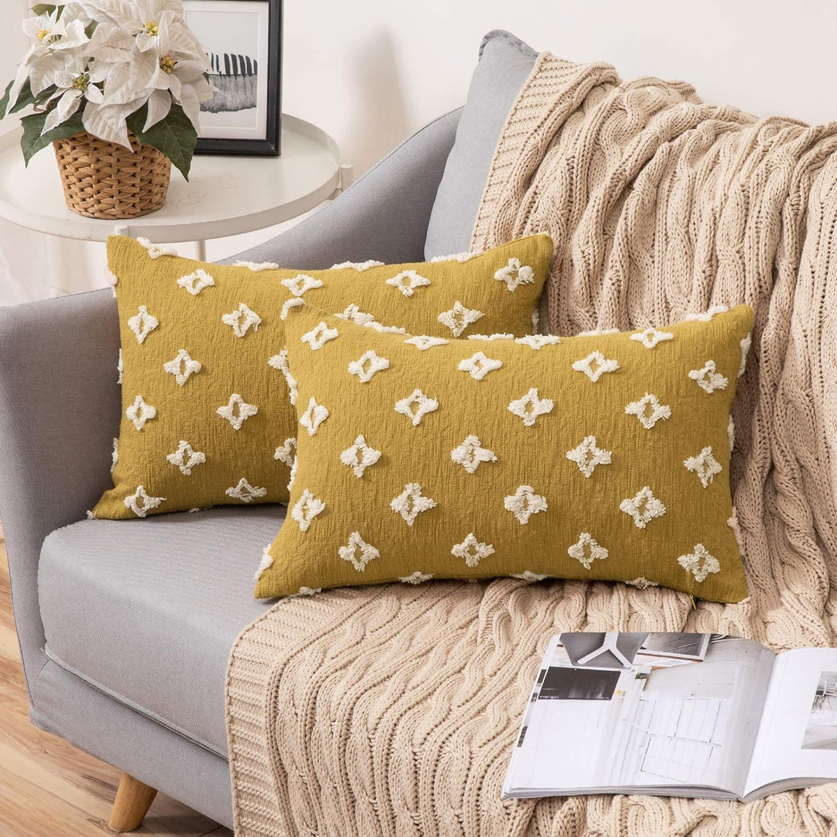 12''x20'' tufted daisy or floral stitch design boho chic lumbar & accent pillow | insert included