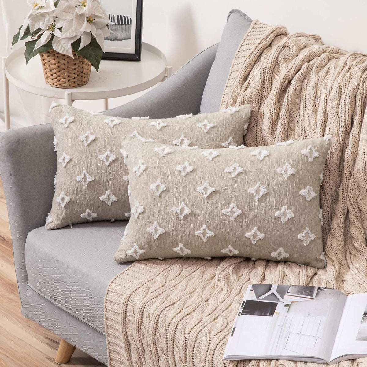 12''x20'' tufted daisy or floral stitch design boho chic lumbar & accent pillow | insert included