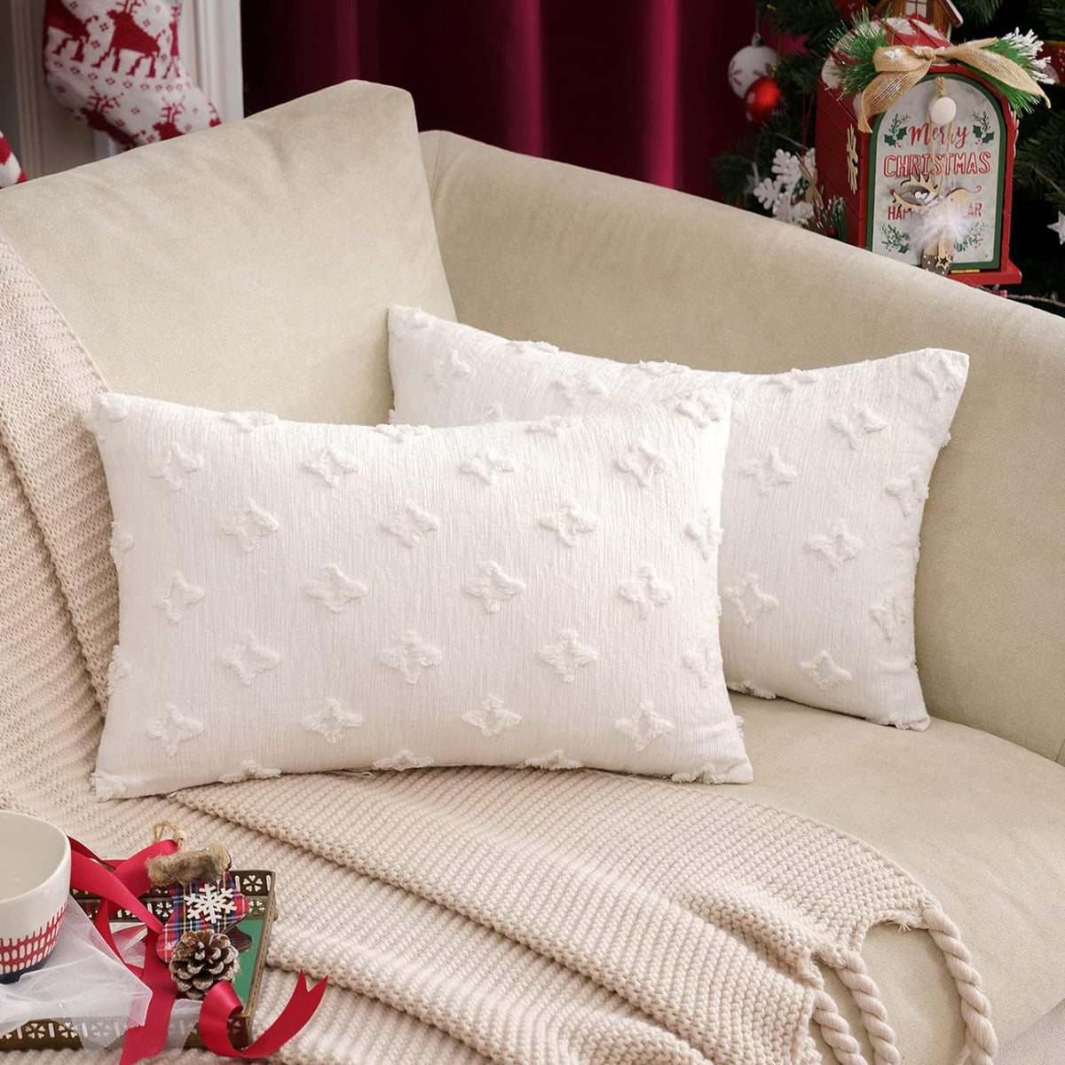 12''x20'' tufted daisy or floral stitch design boho chic lumbar & accent pillow | insert included
