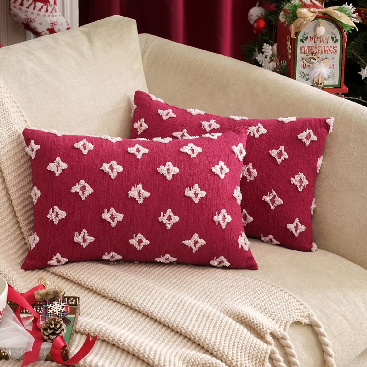 12''x20'' tufted daisy or floral stitch design boho chic lumbar & accent pillow | insert included