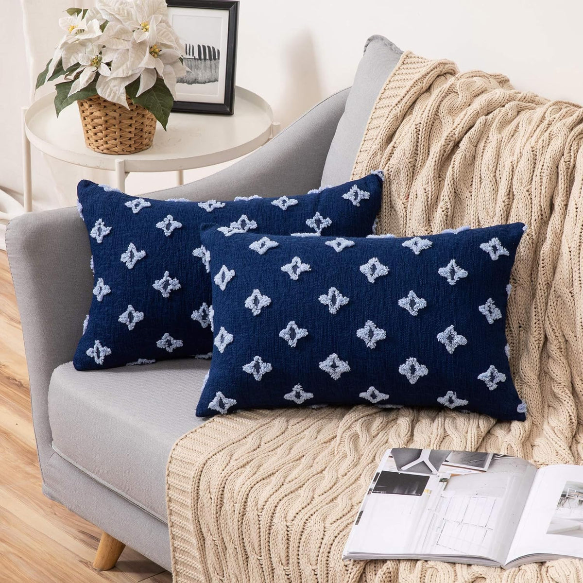 12''x20'' tufted daisy or floral stitch design boho chic lumbar & accent pillow | insert included