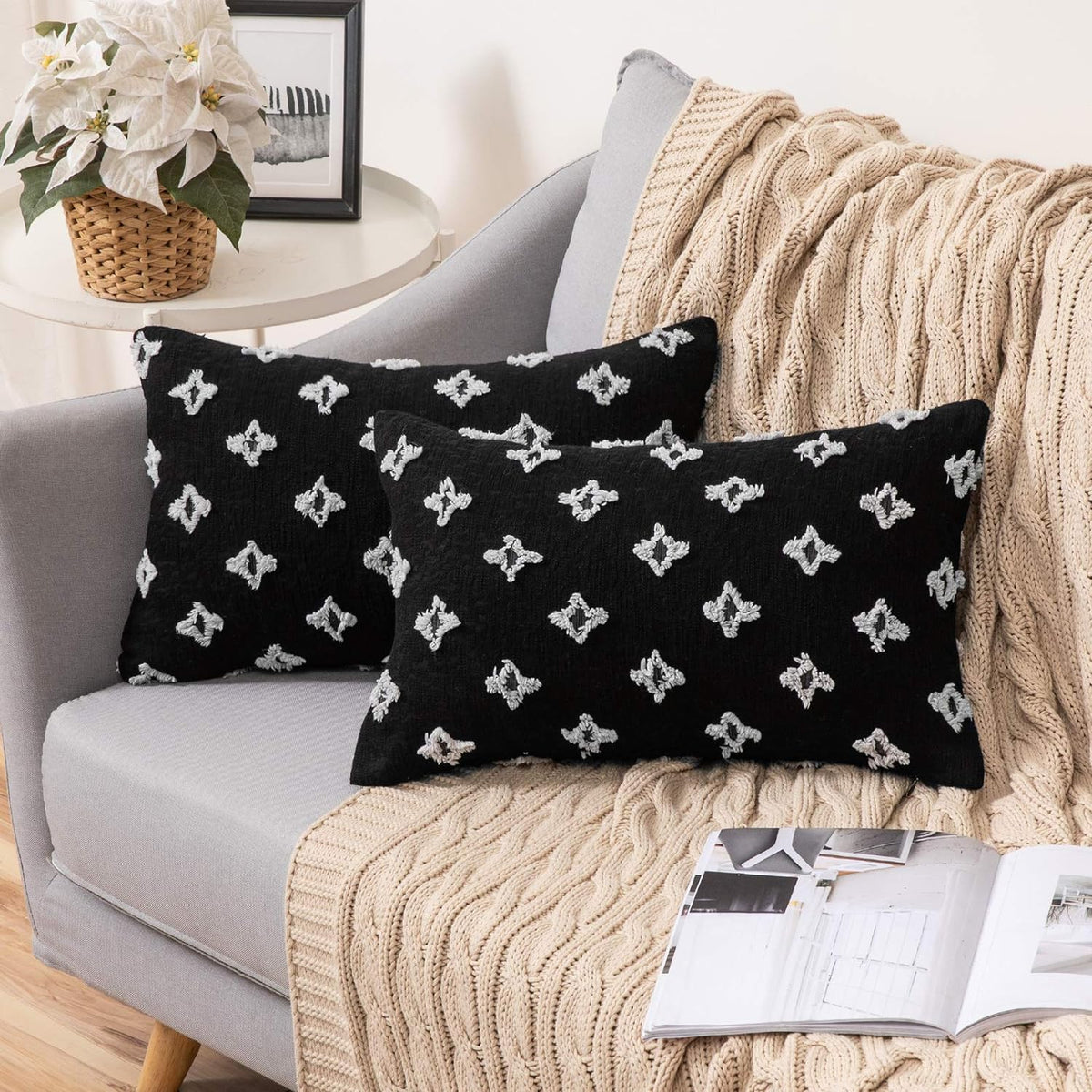 12''x20'' tufted daisy or floral stitch design boho chic lumbar & accent pillow | insert included