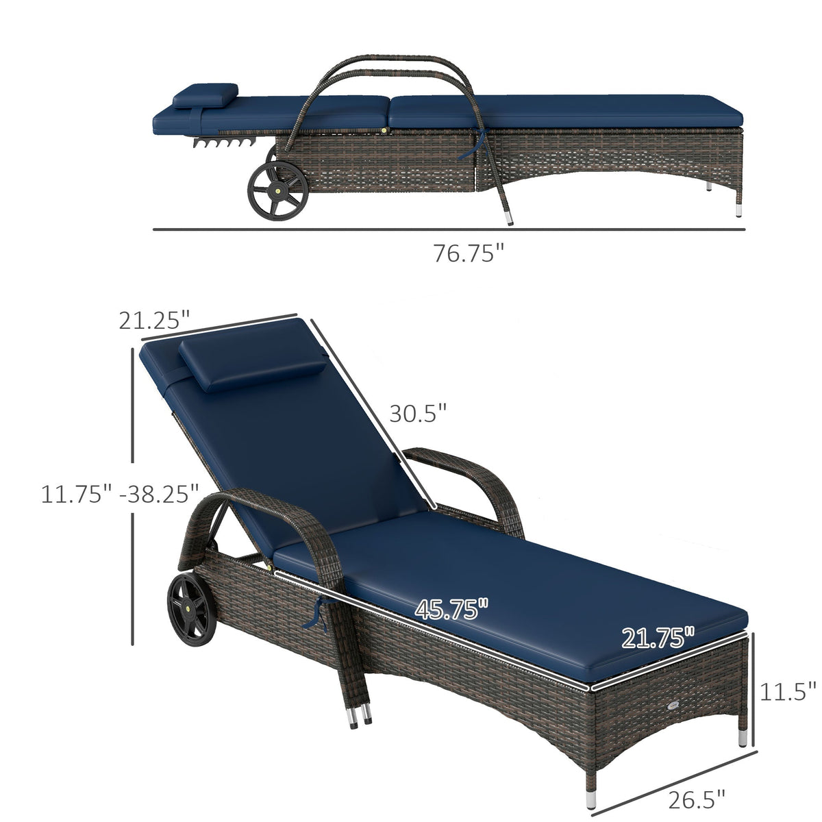 2 Reclining Chaise Lounge Chairs, Rolling Outdoor Chairs With Cushion, Pillow, Wheels, Heavy duty