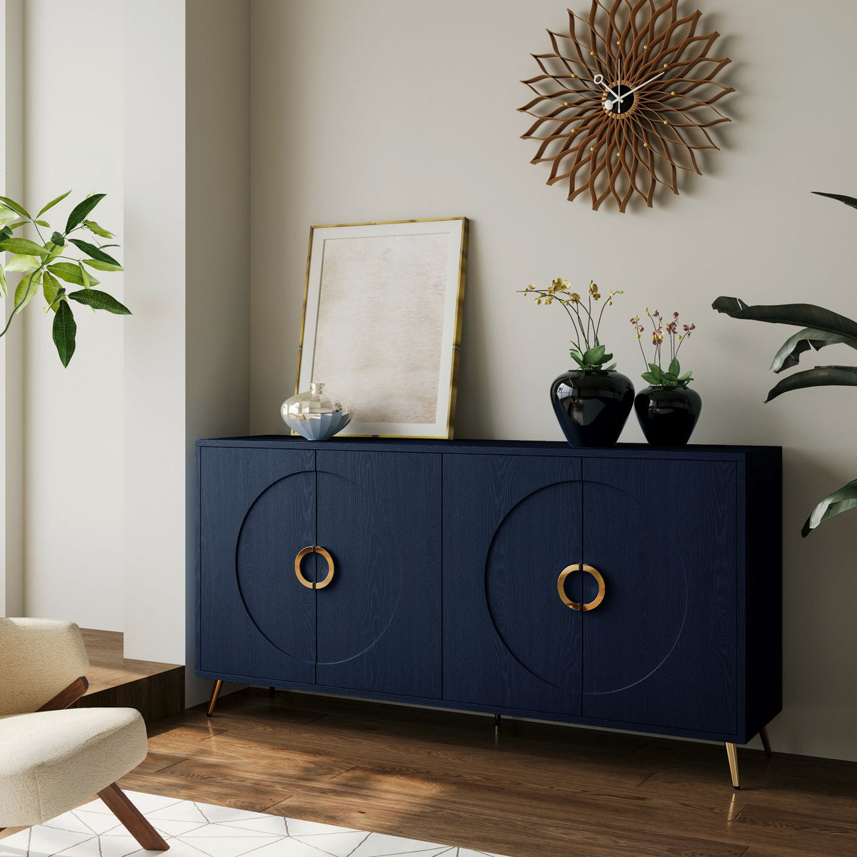 Modern Lacquered 4 Door Wooden Cabinet for Dining, Living, Entryway, Hallway, Office