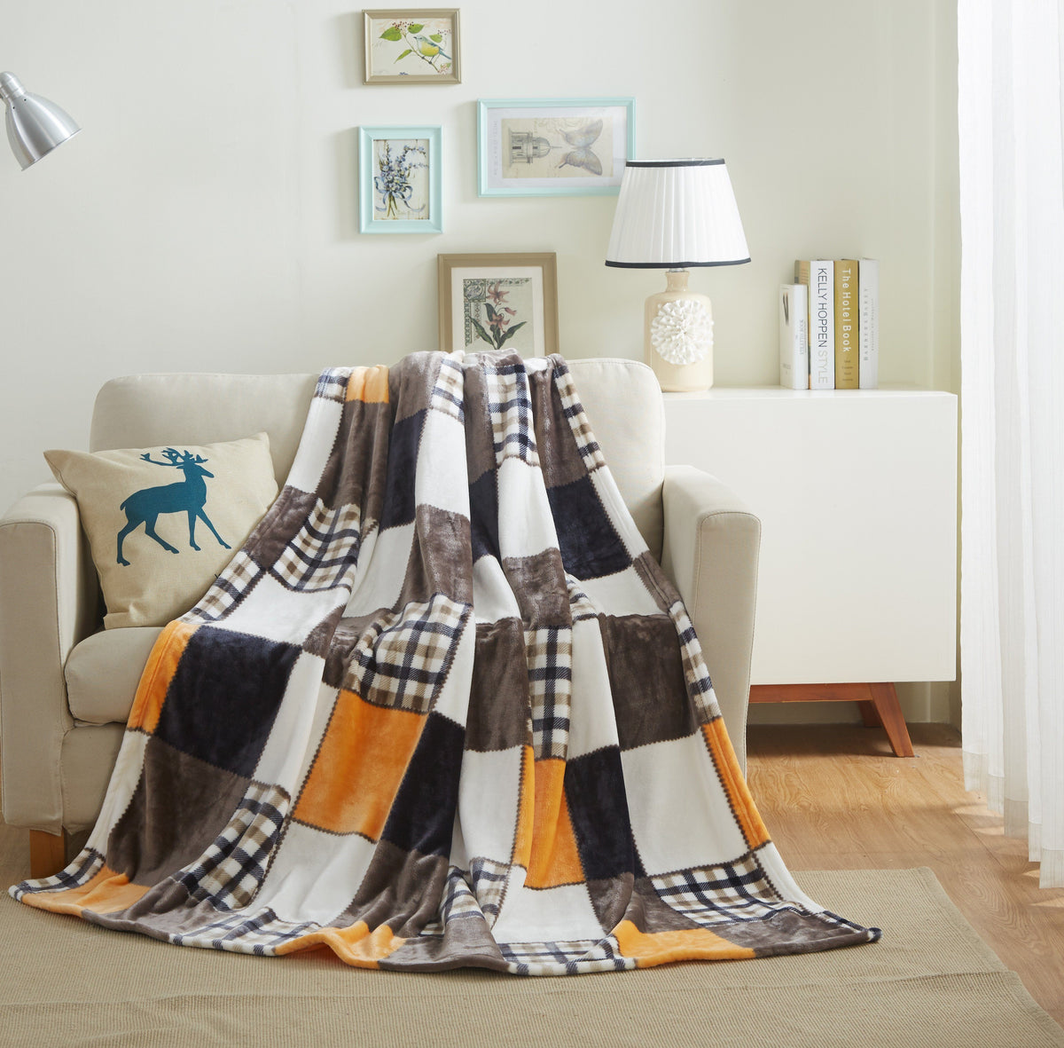 Tache Fall Orange Farmhouse Super Soft Micro Fleece Plaid Patchwork Plush Lightweight Bed Throw/blanket