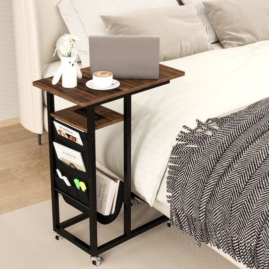 C-shaped End Table with Charging Station and Retractable Tabletop-Coffee