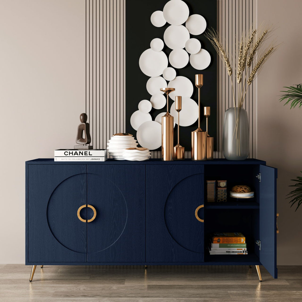 Modern Lacquered 4 Door Wooden Cabinet for Dining, Living, Entryway, Hallway, Office