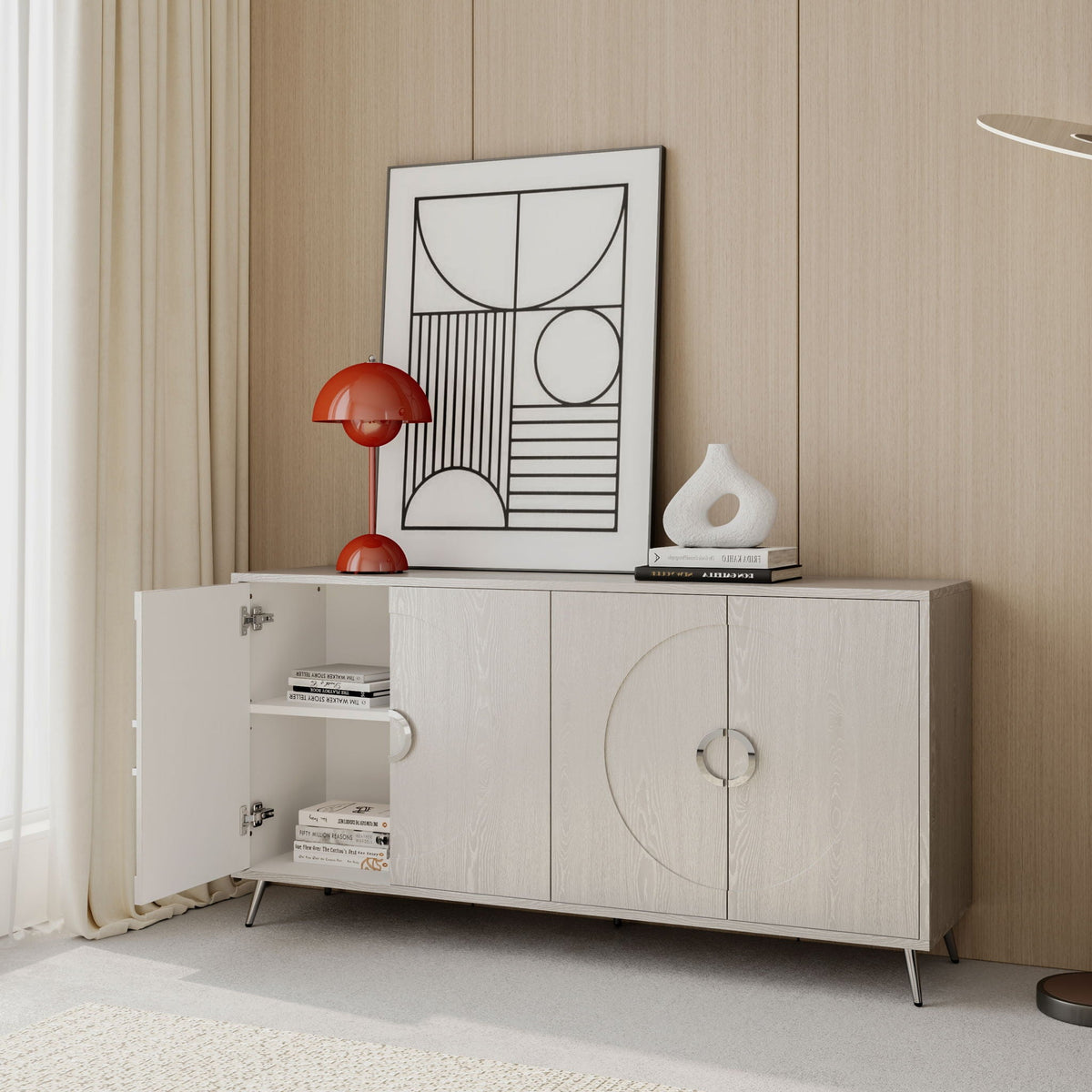 Modern Lacquered 4 Door Wooden Cabinet for Dining, Living, Entryway, Hallway, Office