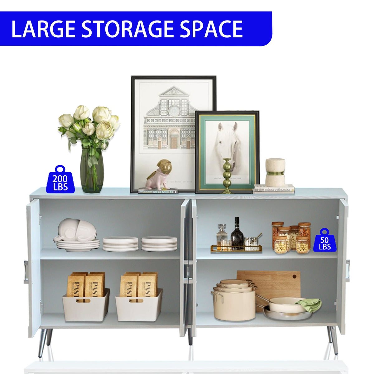 Modern Lacquered 4 Door Wooden Cabinet for Dining, Living, Entryway, Hallway, Office