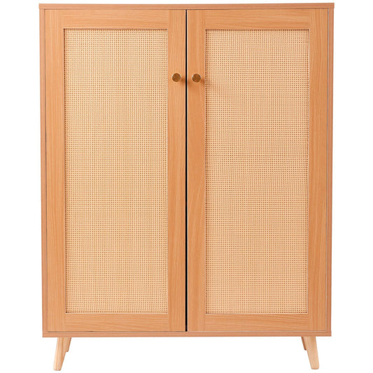 Rattan Cabinet, 5 Tiers Shoe Storage Organizer with 2 Doors, Light Wood Color