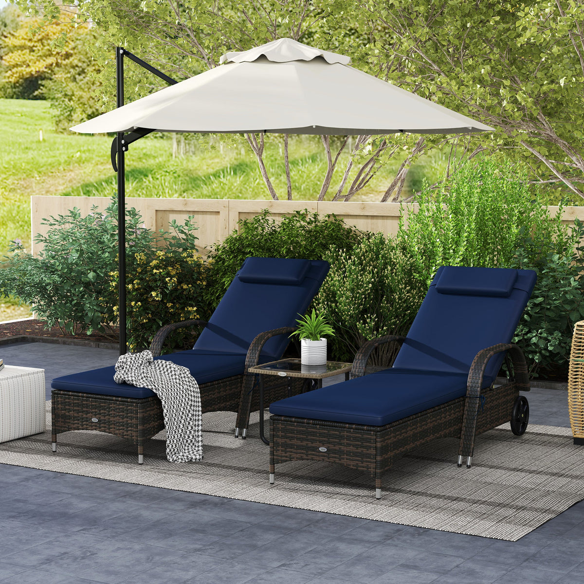 2 Reclining Chaise Lounge Chairs, Rolling Outdoor Chairs With Cushion, Pillow, Wheels, Heavy duty
