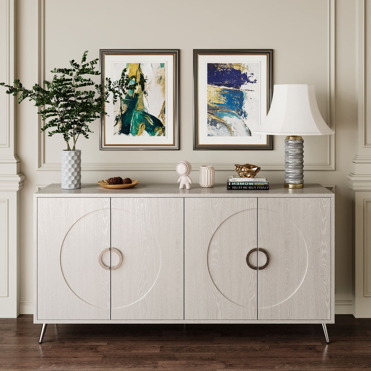 Modern Lacquered 4 Door Wooden Cabinet for Dining, Living, Entryway, Hallway, Office