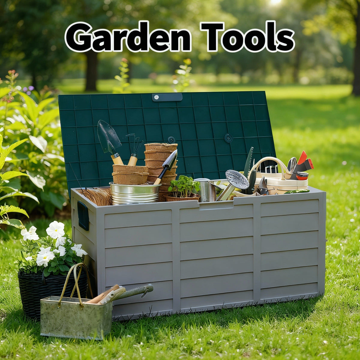 75 Gallon Heavy-Duty Outdoor Deck Box – Waterproof Patio Storage Box with Hinged Lid, Lockable