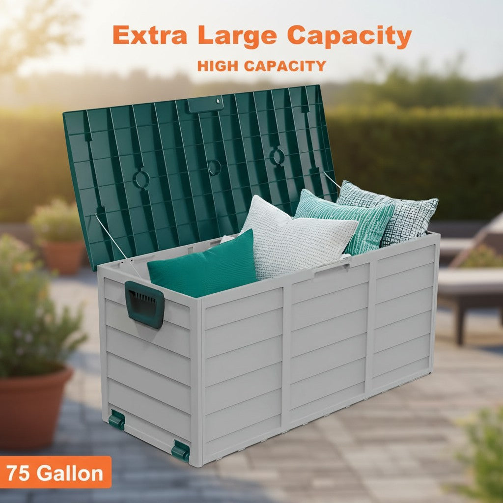 75 Gallon Heavy-Duty Outdoor Deck Box – Waterproof Patio Storage Box with Hinged Lid, Lockable