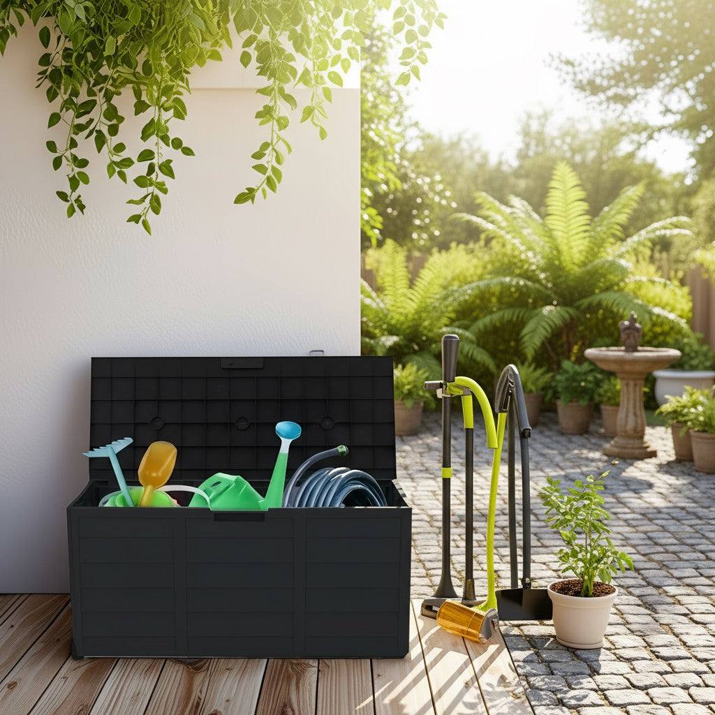 75 Gallon Heavy-Duty Outdoor Deck Box – Waterproof Patio Storage Box with Hinged Lid, Lockable
