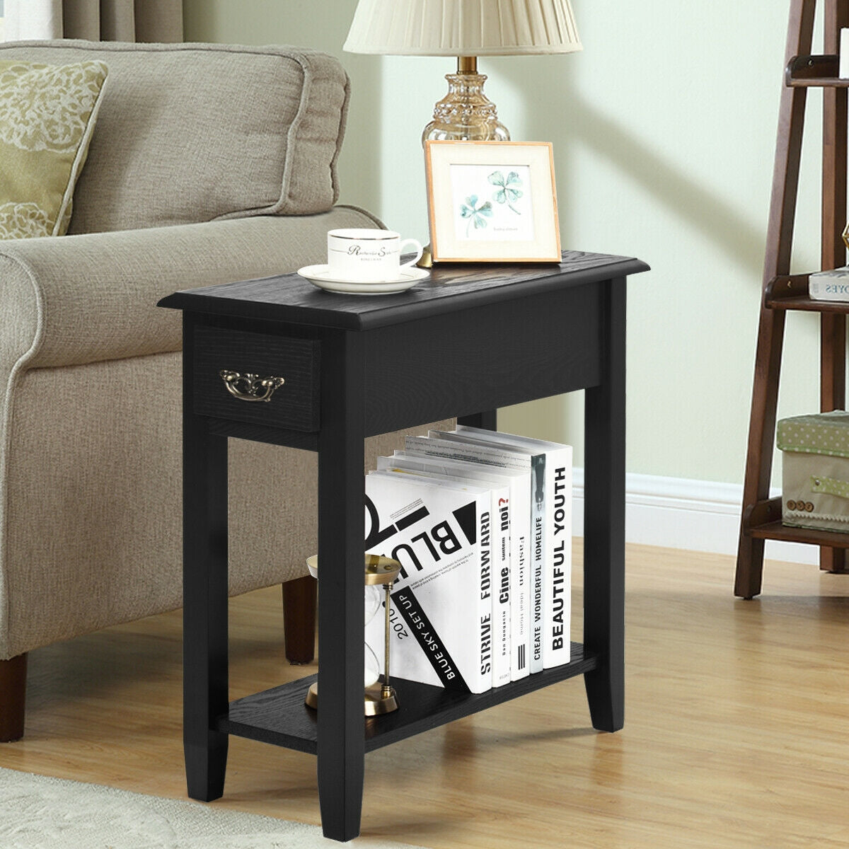 2 Pieces 2 Tier Sofa Side End Table with Drawer and Open Shelf