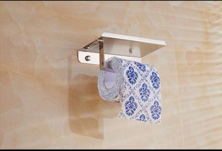 Stainless Steel Bathroom Toilet Paper Holder Wall Mount Roll Holder With Phone Shelf  Brushed Finished