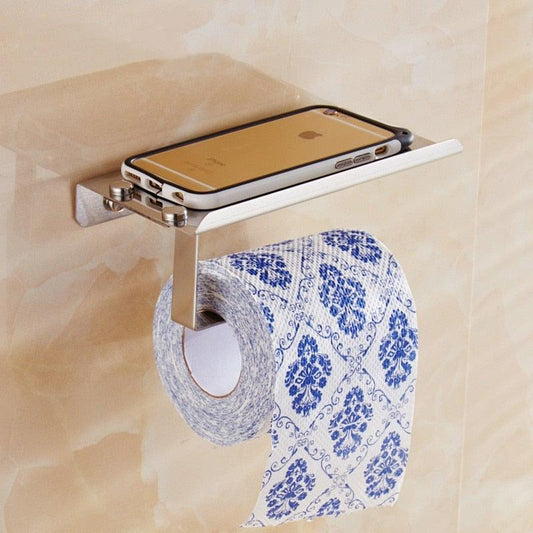 Stainless Steel Bathroom Toilet Paper Holder Wall Mount Roll Holder With Phone Shelf  Brushed Finished
